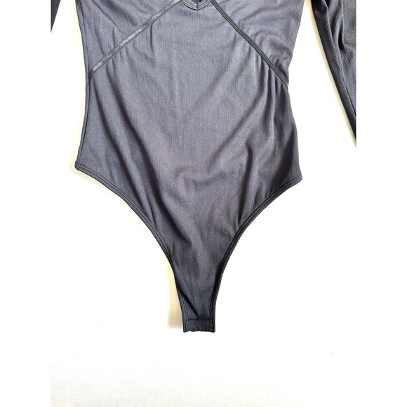 Free People Victoria Long Sleeve Ribbed Body Suit Women’s XS Grey V Neck Snap - Picture 4 of 12